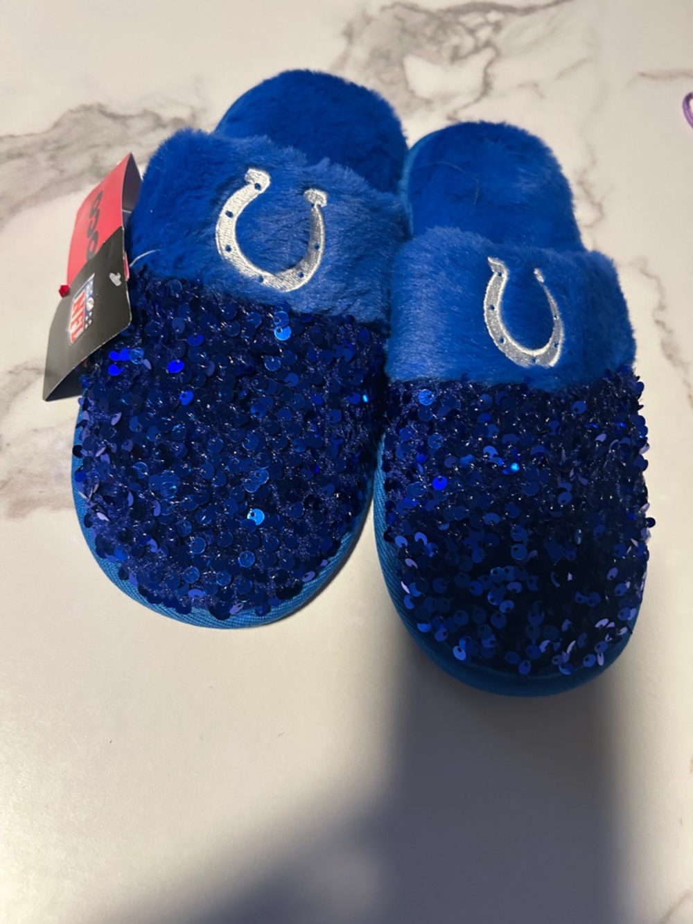 Girls Blue Sequin Slide Slippers with Silver Horseshoe Detail